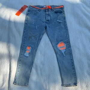 Zara Men's Skinny Jeans in Blue with Orange Accents